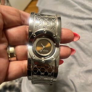 Gucci Silver Cuff Watch with Bronze Dial